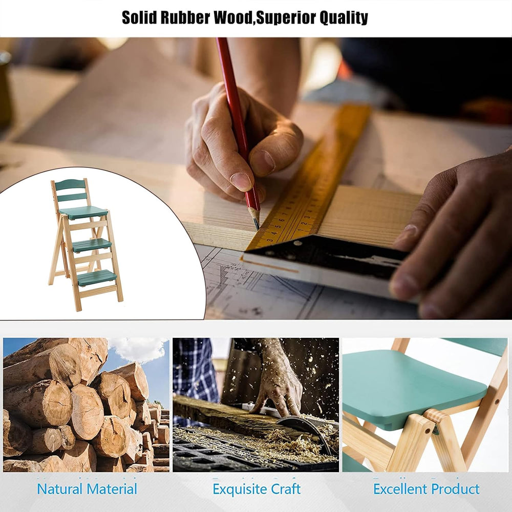 Folding Bar Stool 3 Step Ladder Stool,Solid Wood Counter Height Foldable Stoo...