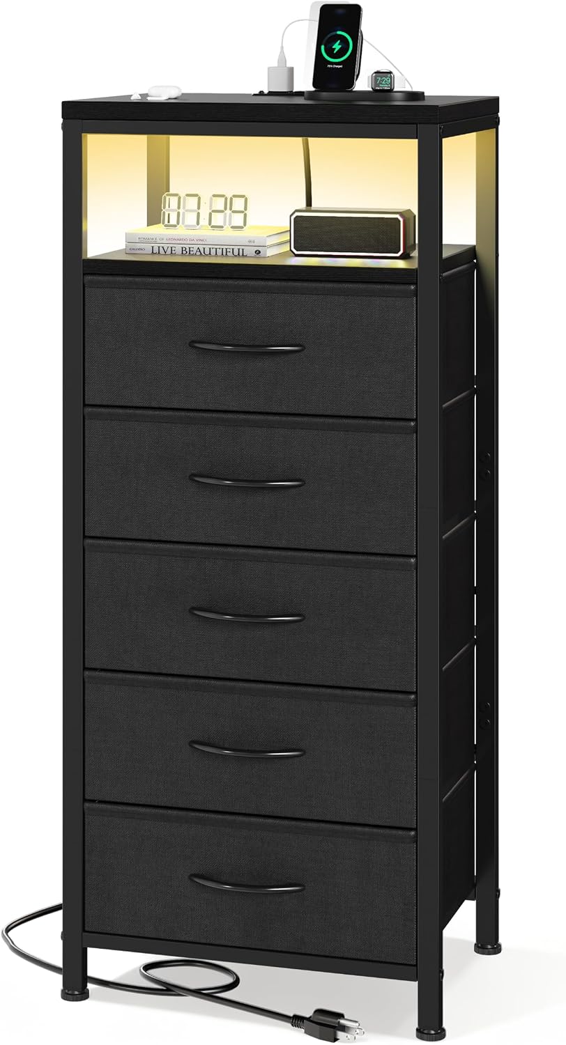 Sweetcrispy Nightstand with Charging Station 5 Fabric Drawers Bedside Table | Night Stand with USB Type-C Ports, AC Outlets & Dimmable LED Light Strip, Modern Black Bedroom End Table