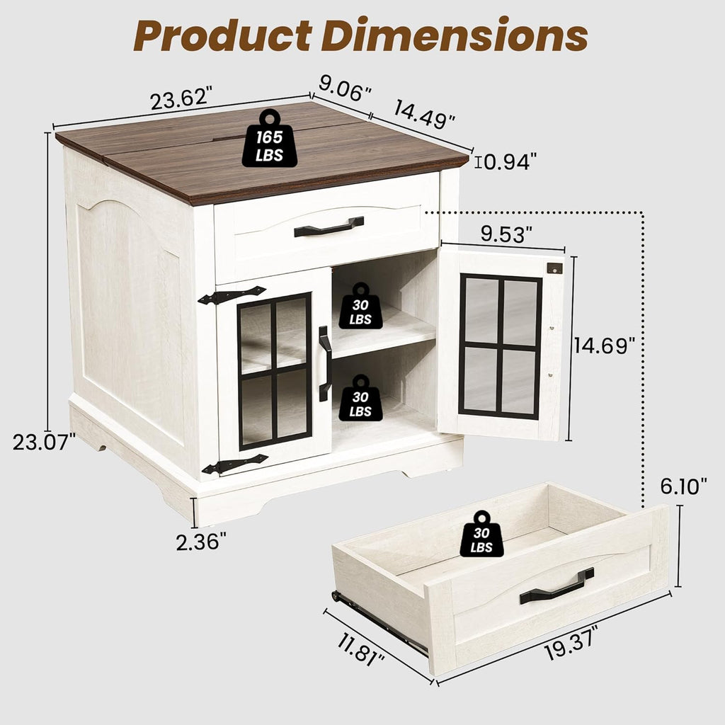 Farmhouse End Table Set of 2 with Charging Station,24'' Side Table with Drawer and Door for Living Room,Rustic Wooden Square Nightstand for Bedroom,Bedside Table with Storage for Home, Off White