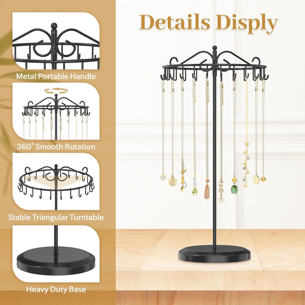 MODOWEY Rotating Necklace Holder Organizer Display Stand with 24 Hooks, Metal Spinning Tree for Long Necklace Hanger Selling, Tall Spinning Bracelet Storage Rack for Men Women Dresser, Black