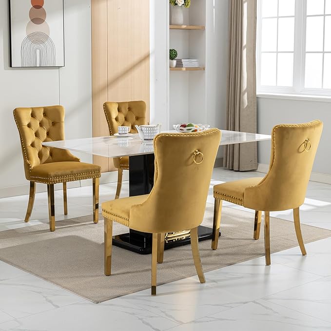 Luxury Upholstered Dining Chairs Set of 8, Yellow Kitchen Chair with Golden Metal Legs, Velvet Tufted Back Dining Chair, Sillas de Comedor, Modern Kitchen & Dining Room Chairs (Gold, 8 Pcs)
