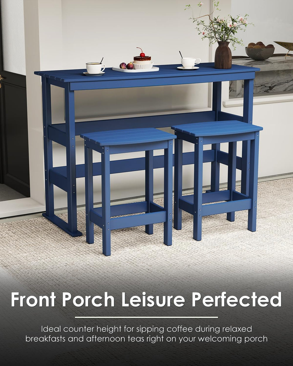 GREENVINES Outdoor Bar Set, HDPE, 3-Piece Patio Bar Table & Stools, Blue