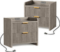 Fluted Nightstand Set of 2, 23.6" Modern Night Stand with Charging Station, Bedside Table with 2 Drawers, Modern Wood Night Stand Set 2 for Bedroom, Living Room, Grey