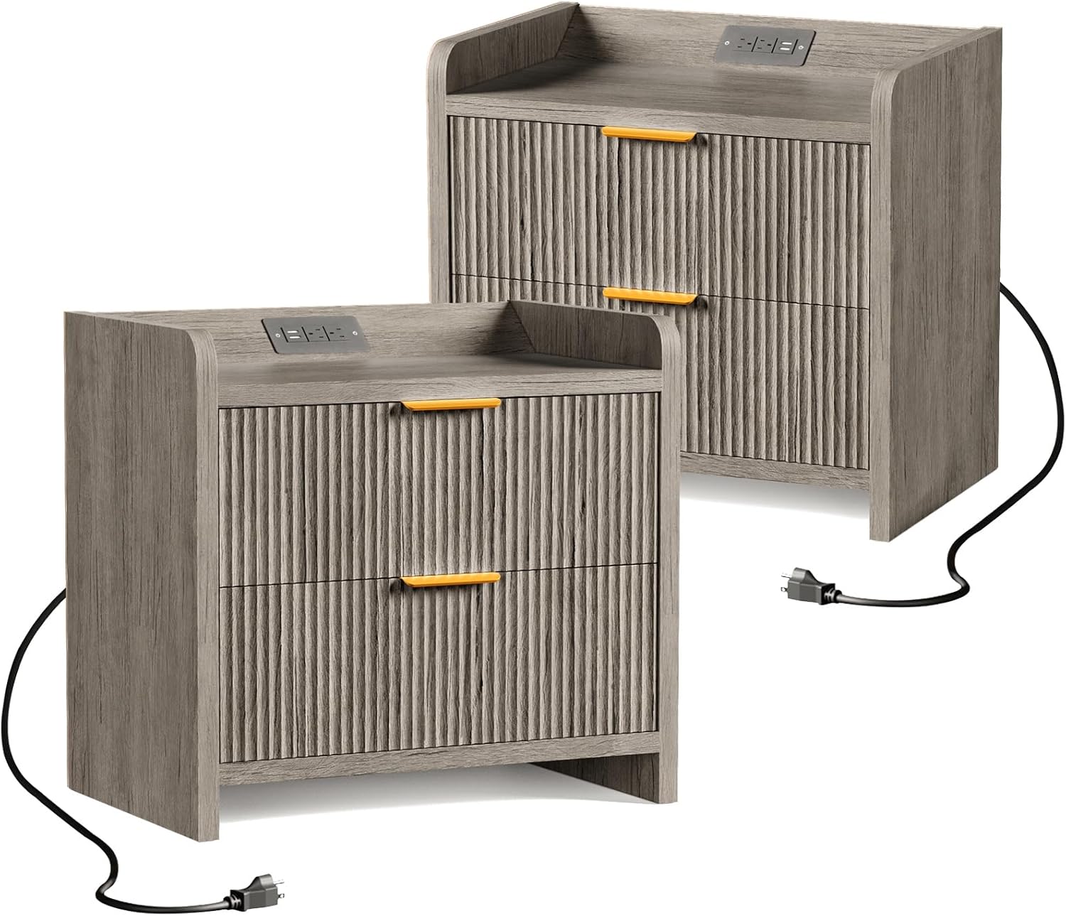 Fluted Nightstand Set of 2, 23.6" Modern Night Stand with Charging Station, Bedside Table with 2 Drawers, Modern Wood Night Stand Set 2 for Bedroom, Living Room, Grey