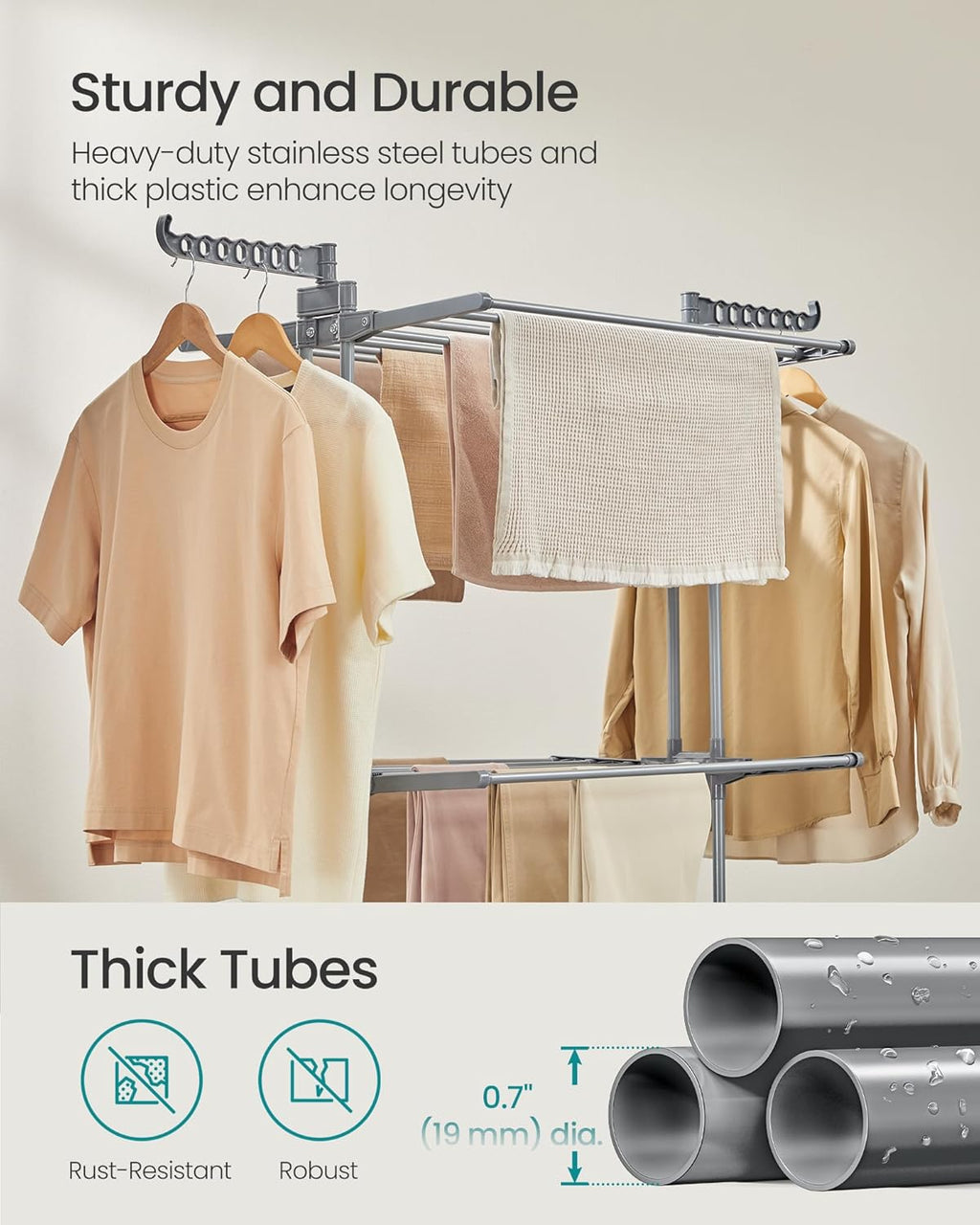 SONGMICS Clothes Drying Rack 3-Tier, Foldable Laundry Drying Rack 58.3-Inch Tall, Stainless Steel, Rolling Clothes Horses, Clothes Airer, Indoor Outdoor Use, Dove Gray ULLR702G01