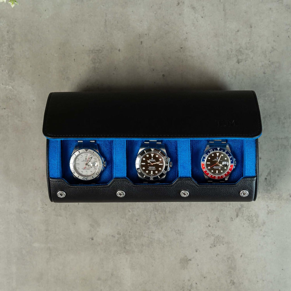 DailyWatch | Personalized Watch Roll Travel Case For 3 Watches - Handmade Genuine Leather Travel Case With Custom Engraving of Name or Initials - Black Blue