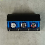 DailyWatch | Personalized Watch Roll Travel Case For 3 Watches - Handmade Genuine Leather Travel Case With Custom Engraving of Name or Initials - Black Blue