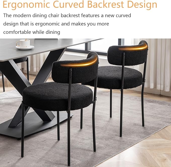 Black Boucle Dining Chairs Set of 2, Upholstered Dining Room Chairs with Blac...