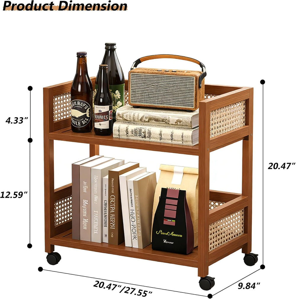2-Tier Rolling Cart,Open Rattan Bookcase and Bookshelf,Mobile Bookshelf with ...