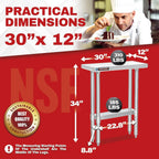 DuraSteel 30x12 Stainless Steel Work Table - NSF Commercial Prep Metal Table - Outdoor Pizza Oven Stand w/Under Shelf - Kitchen Island Laundry Utility Garage Microwave Stand Large Rolling Storage Cart