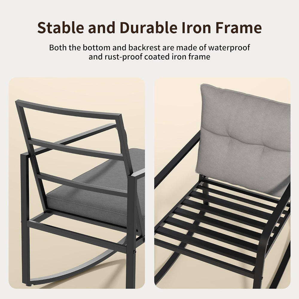 Gizoon 3 Piece Rocking Bistro Set, Black Steel Patio Furniture,Grey Cushion