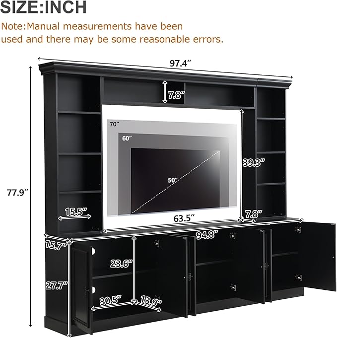 SOFTSEA 4-Piece Entertainment Center Wall Unit for TVs up to 70", Large TV Stand Wall Unit with Bookshelves, 6 Doors & Adjustable Shelves, Media Console with Bridge for Living Room, Black