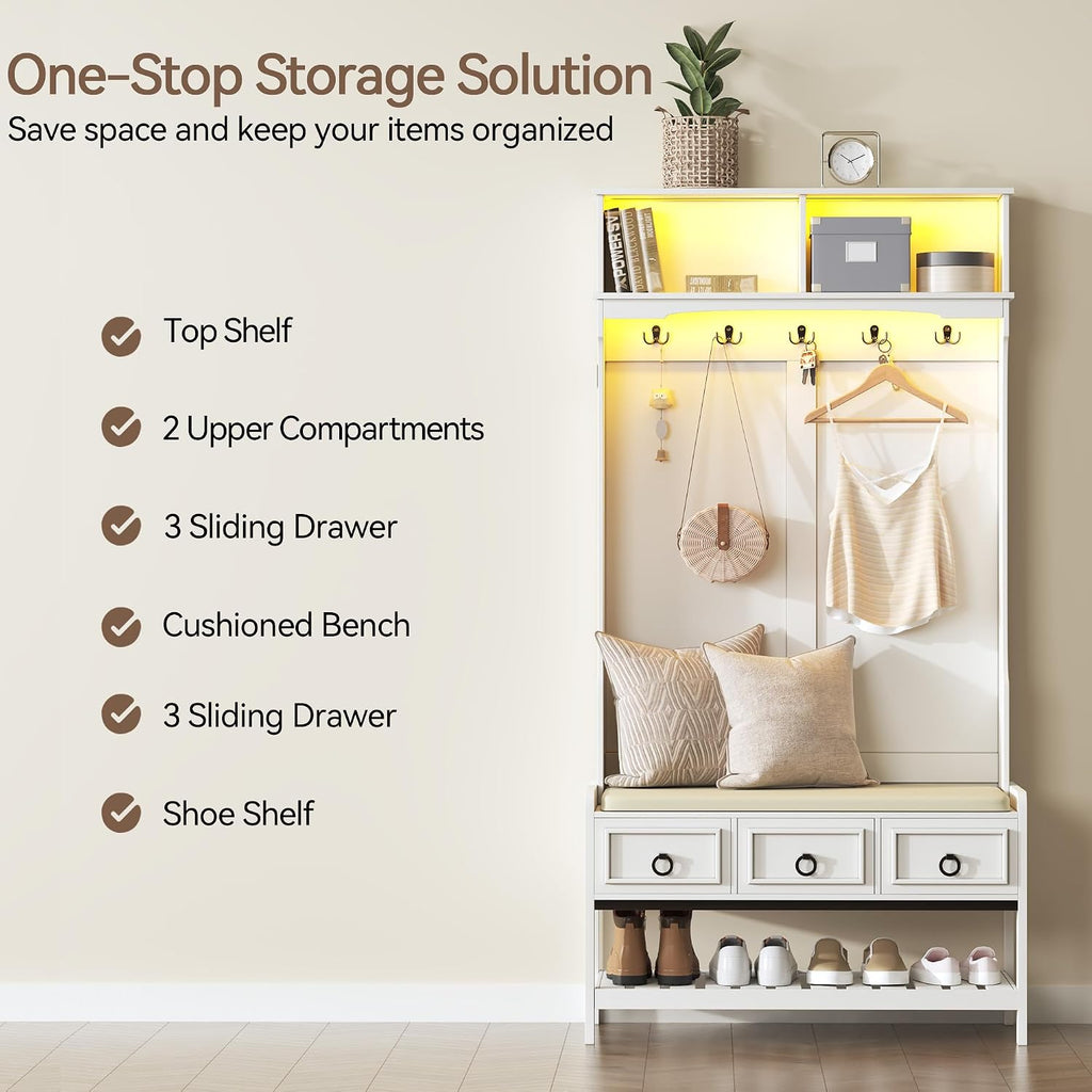 Gurexl 67” Farmhouse Hall Tree with Shoe Storage, Auto Sensor Wood Coat Tree with LED Lights, 3-in-1 Entryway Bench with Coat Rack, Hooks and Drawers for Hallway, Living Room, Bedroom (White)