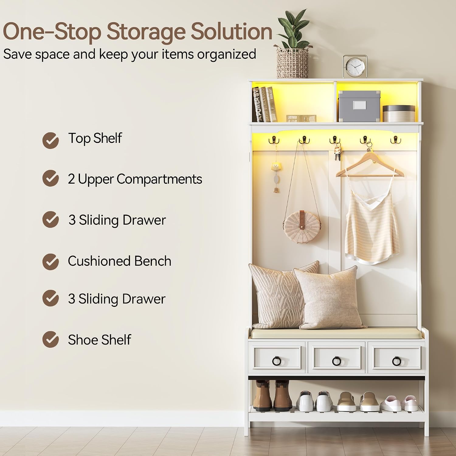 Gurexl 67” Farmhouse Hall Tree with Shoe Storage, Auto Sensor Wood Coat Tree with LED Lights, 3-in-1 Entryway Bench with Coat Rack, Hooks and Drawers for Hallway, Living Room, Bedroom (White)