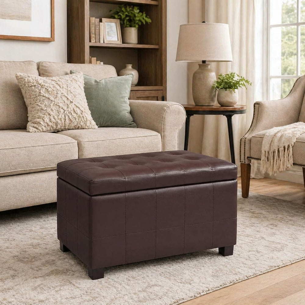 Upholstered Storage Ottoman with Hinged Lid, 23.6-Inch Faux Leather Tufted Cu...