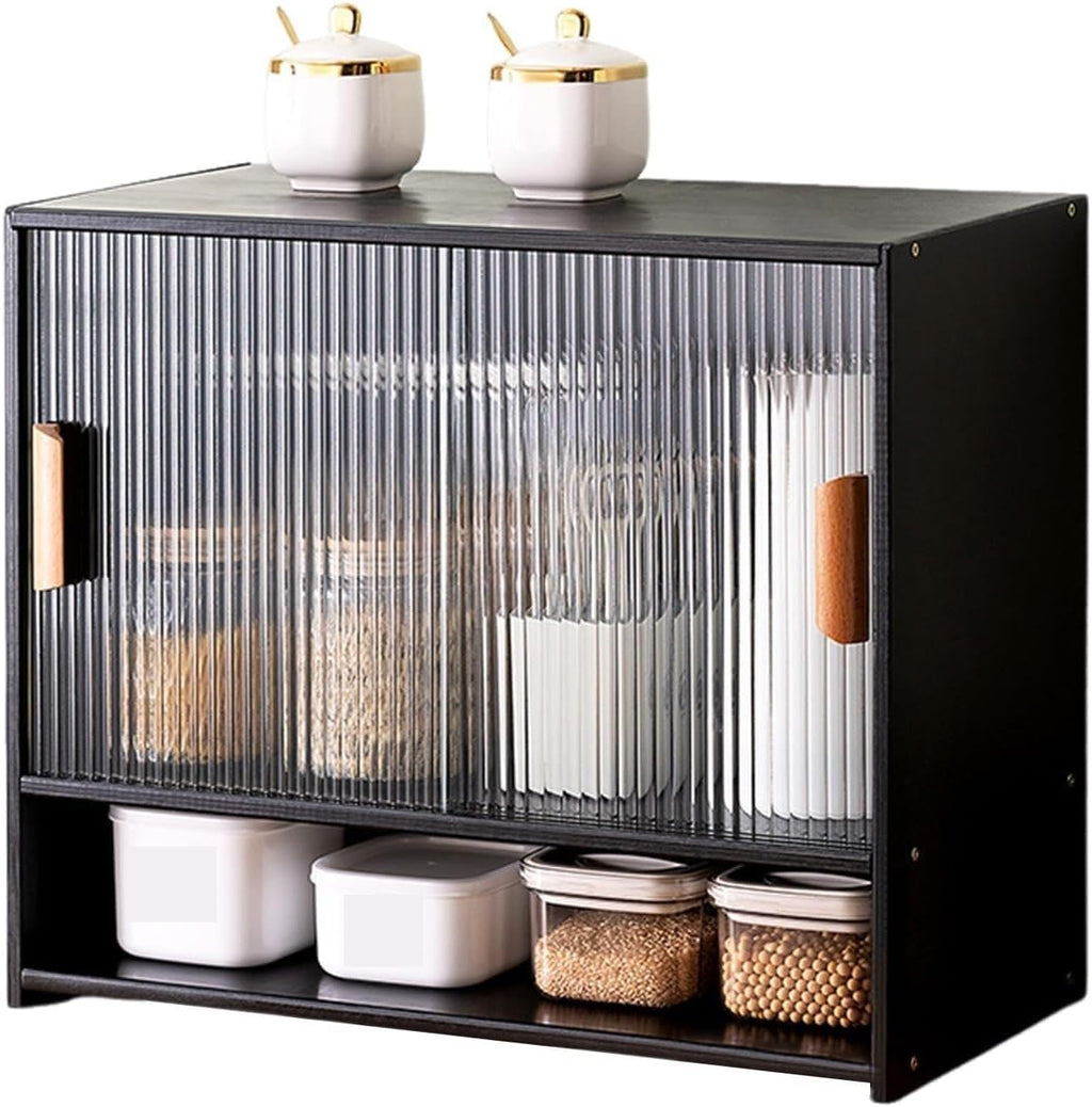 Bamboo Countertop Storage Cabinet Kitchen Pantry with Large Capacity & Acrylic Sliding Door Bread Container for Kitchen Long-Lasting(Black)