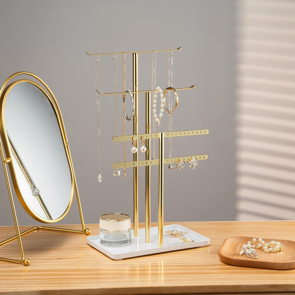 pickpiff Jewelry Stand Organizer Necklace Holder- 14.5" Sturdy Earring and Bracelet Display Hanger, Mirrored Gold, Aesthetic Room Decor