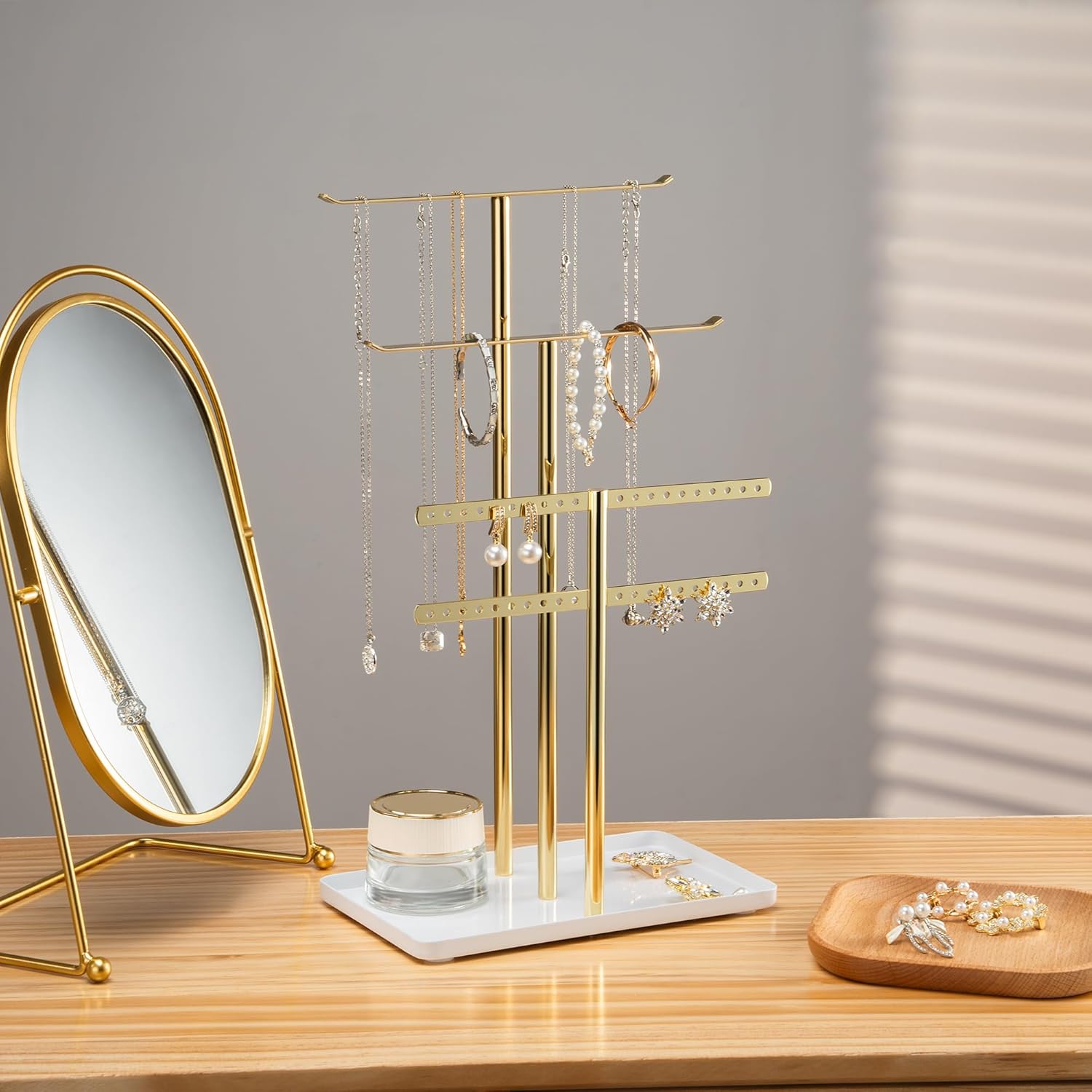 pickpiff Jewelry Stand Organizer Necklace Holder- 14.5" Sturdy Earring and Bracelet Display Hanger, Mirrored Gold, Aesthetic Room Decor