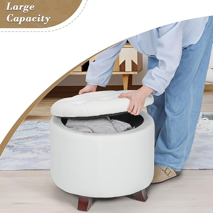 Athena Collection 20 Inch Small Ottoman with Storage, Round PU Leather Storage Ottoman with Removable Lid, Stylish Footstool Foot Rest for Living Room, Bedroom, Dorm, White