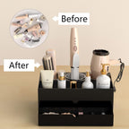 NIUBEE Hair Tool Organizer, Black Acrylic Hair Dryer and Styling Organizer with Drawer, Bathroom Countertop Blow Dryer Holder, Vanity Caddy Storage Stand for Accessories, Makeup, Toiletries