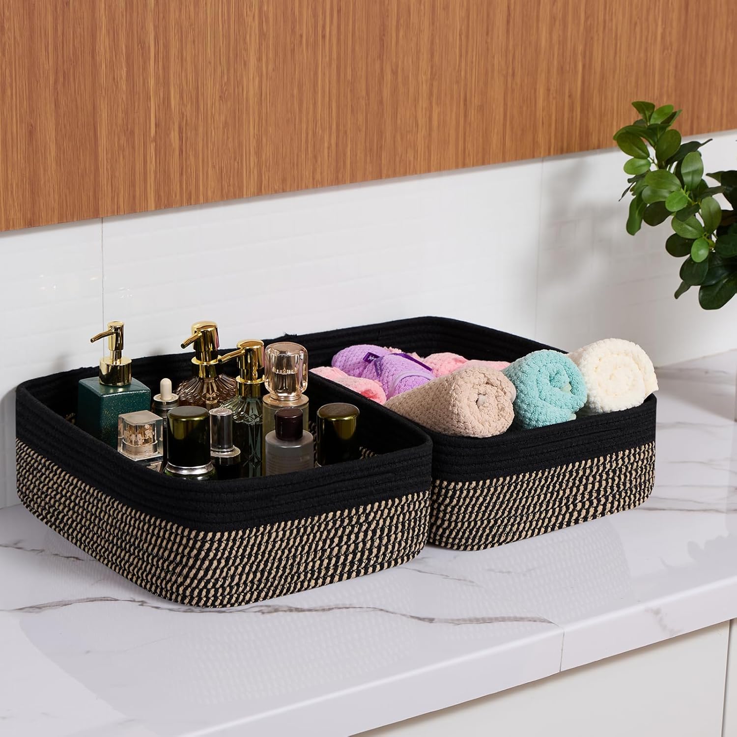 Large Shallow Organizing Baskets 15x11x5.1 Inches - Rope Woven Storage Bins for Bathroom, Shelves, Cube Closet, Black Woven Brown 4 Packs