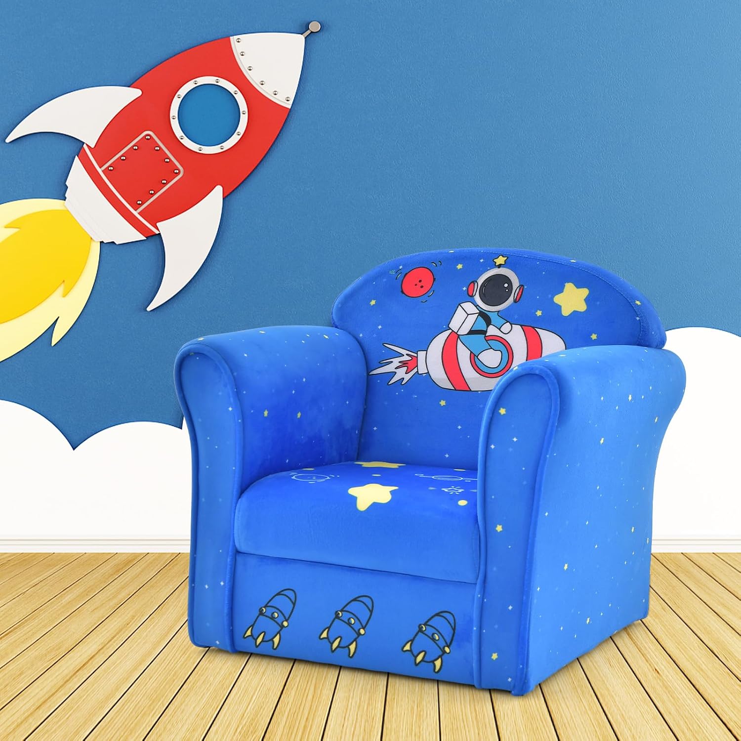 INFANS Kids Sofa, Toddler Armchair Chair with Sturdy Wood Construction Cartoon Pattern, Upholstered Children Armrest Couch for Nursery Kindergarten Playroom Preschool, Gift for Boys Girls