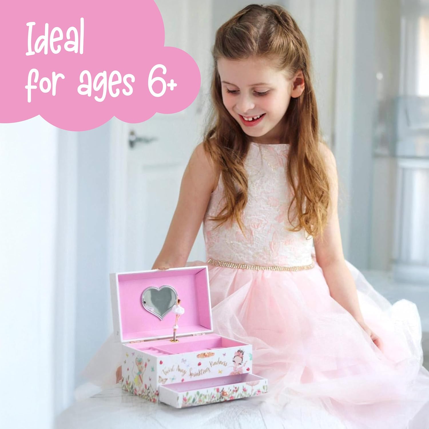 The Memory Building Co Ballerina Musical Jewelry Box Plays Classic Melody, Storage Organizer Music Box for Kids Ages 6-12, MDF Wood w/ 2 Fabric Lined Ring Bracelet Necklace Treasure Compartments