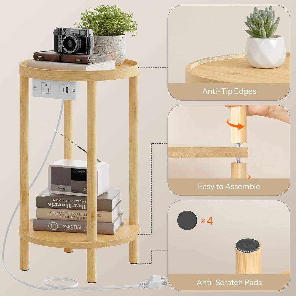 HOOBRO Small Round Side Table with Charging Station, 2-Tier Round Bamboo End ...