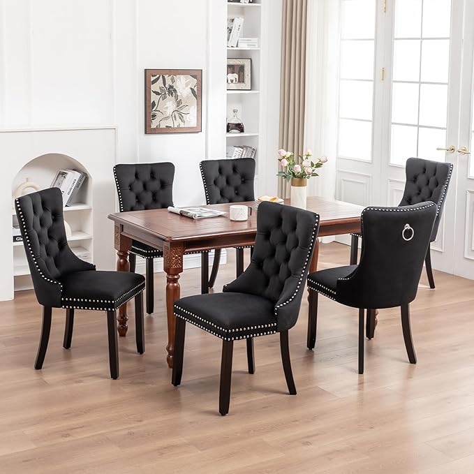 Velvet Dining Chairs Set of 6,Upholstered Dining Chairs with Ring Pull Trim and Button Back,Modern Seating for Kitchen, Bedroom & Living Room(Black)