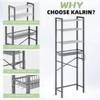 Over-The-Toilet Storage Rack, 4-Tier Bathroom Organizer Shelf Over Toilet with Adjustable Shelf and Basket, Freestanding Space Saver Bathroom Shelves Above Toilet for Room (Gray- White)