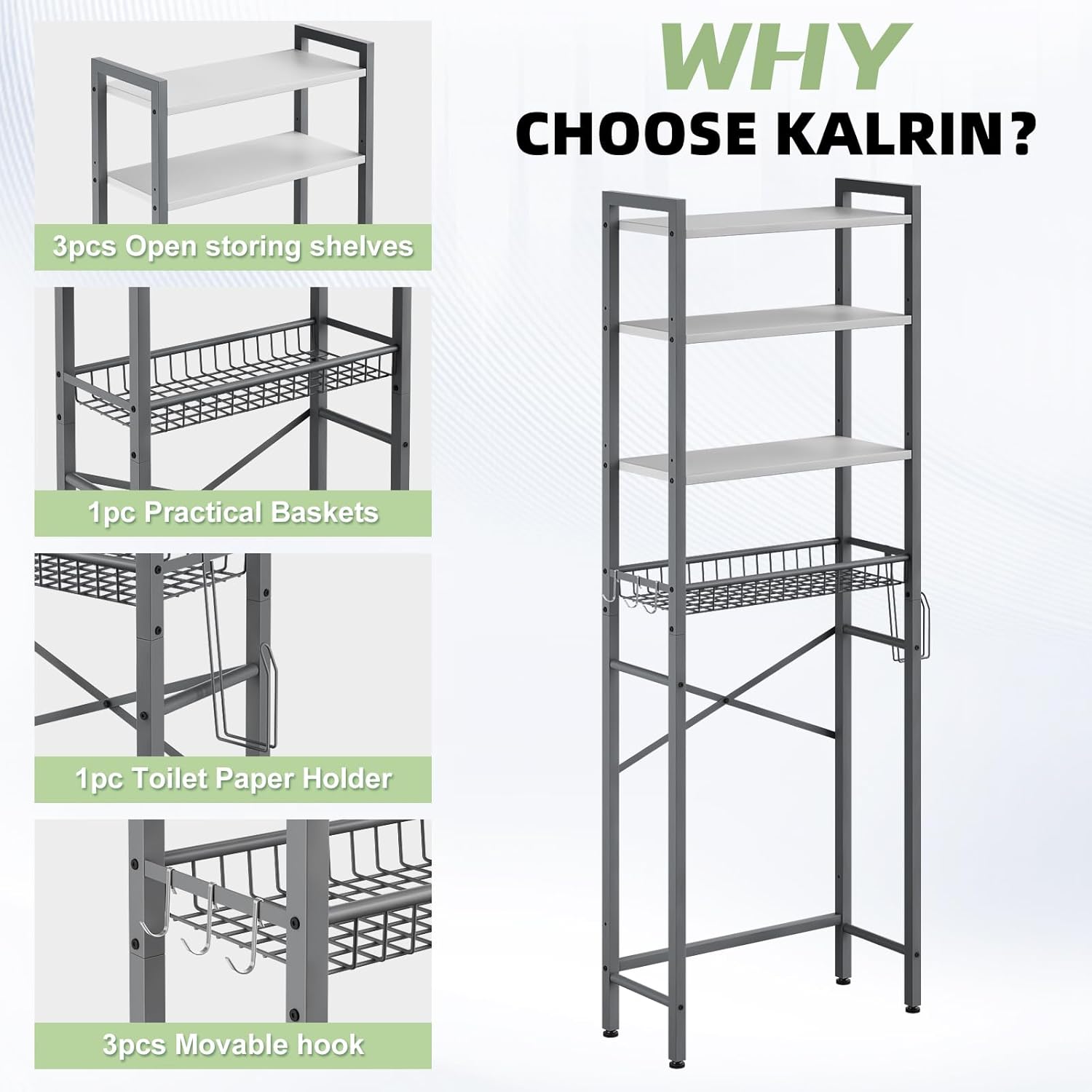 Over-The-Toilet Storage Rack, 4-Tier Bathroom Organizer Shelf Over Toilet with Adjustable Shelf and Basket, Freestanding Space Saver Bathroom Shelves Above Toilet for Room (Gray- White)