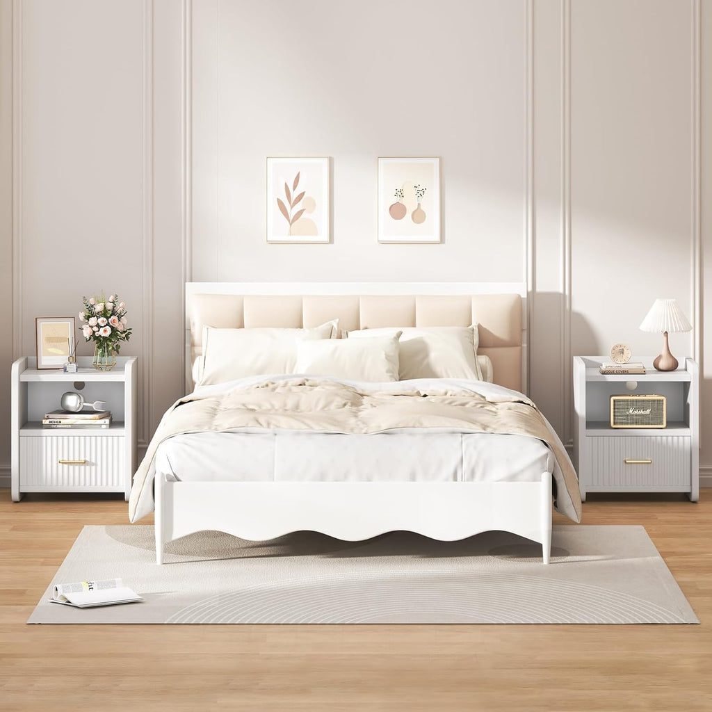 Night Stand with Charger Station, Fluted Wood Nightstand with Drawer Storage, Modern Bedside Table, Wide Nightstands for Bedroom, Mid Century Wooden Night Stands for Home Office Sofa Couch