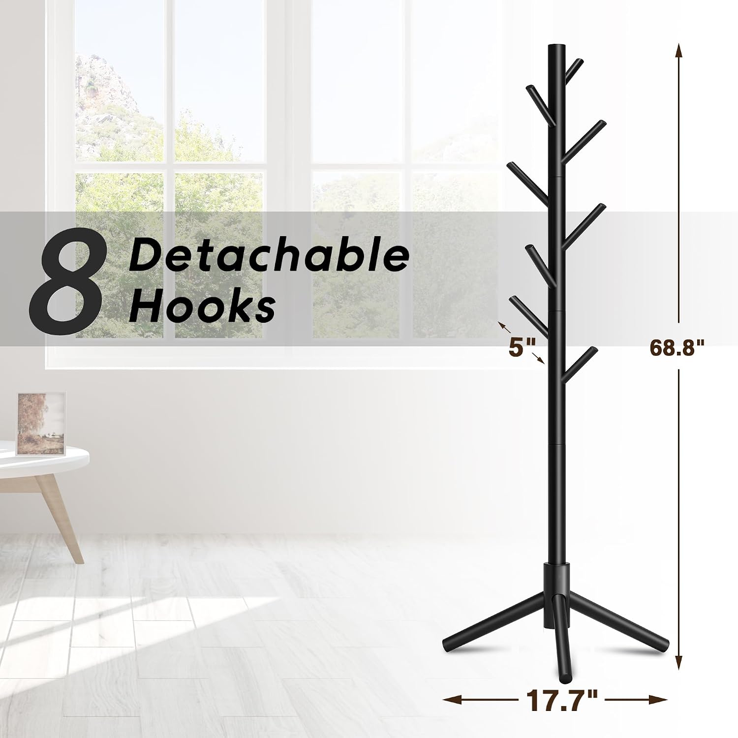 Coat Rack, Coat Racks Freestanding with 8 Hooks 3 Adjustable Heights for Clothes, Hats, Handbags, Coat Tree Easy Assembly for Entryway, Bedroom, Hallway, Office(Black)
