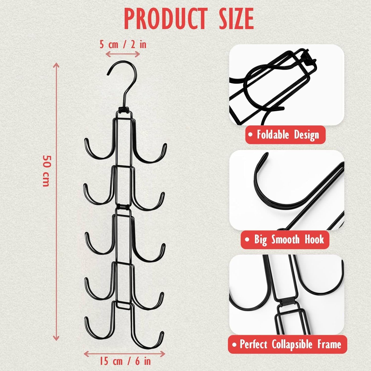Hat Organizer for Closet, Collapsible Caps Rack with 10 Rotatable Large Hooks, Holds Up to 40 Baseball Caps, Metal Space Saving Hat Hanger for Display, Storage and Closet Organizers, Black