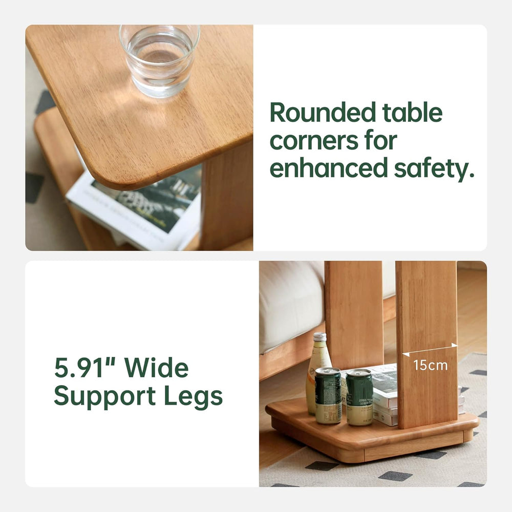 YESWOOD C Shaped End Table, Solid Wood Side Table, Small Rolling Side Table w...
