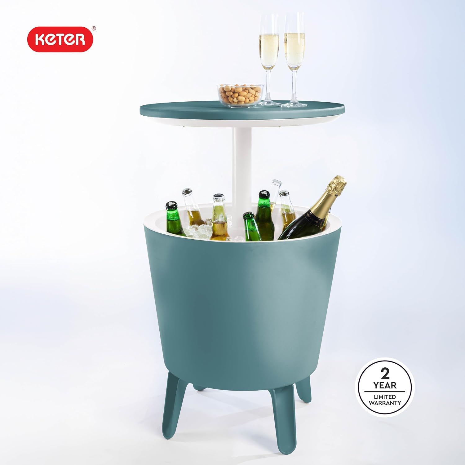 Keter Modern Cool Bar Outdoor Patio Furniture and Hot Tub Side Table with 7.5 Gallon Beer and Wine Cooler, Teal