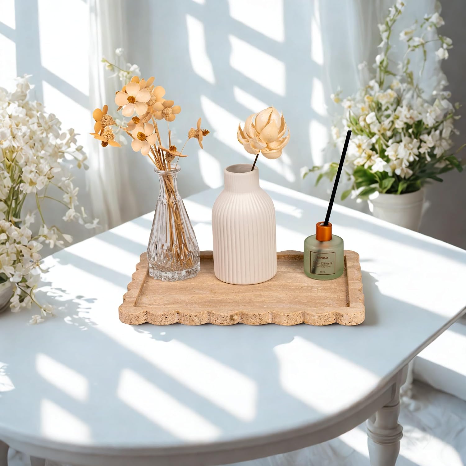 Real Luxurious Natural Marble Tray for Home Decor for Bathroom/Kitchen/Vanity/Dresser Non-Resin (Beige Travertine, 11.4"*7.8")