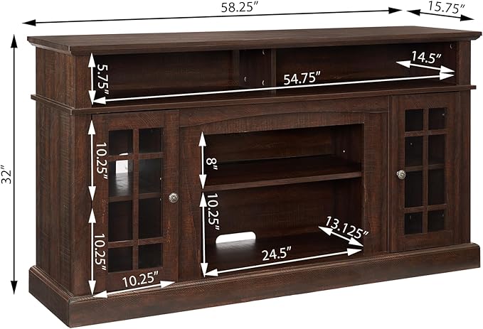 58" Farmhouse Entertainment Center: Espresso Wood TV Stand for 60 Inch TV | Rustic Tall TV Console for Living Room with Storage Cabinet and Adjustable Shelves