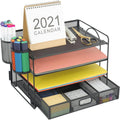 Marbrasse Desk Organizer and Accessories4-Tier Paper File Letter Tray Accessories & Workspace Desk Organizers with Drawer and 2 Pen Holders for School Home Office Supplies (Black)