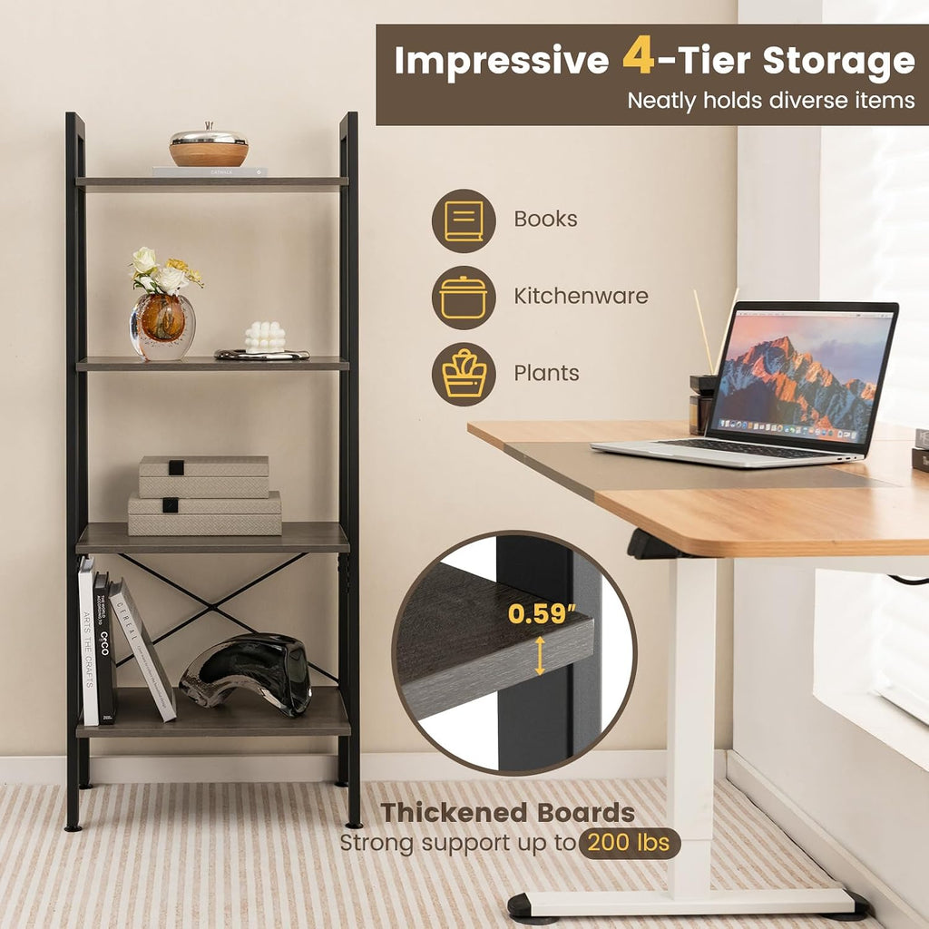 Giantex Ladder Shelf 4-Tier Industrial Bookshelf Storage Rack Shelves for Home and Office Use, Wooden Display Rack with Metal Frame (Gray)