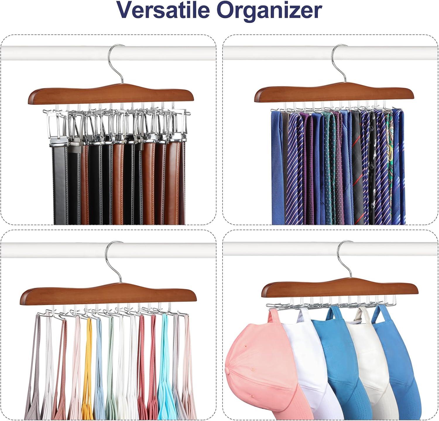 TOPIA HANGER Tie Rack Hanger for Closet 2 Packs, Wooden Tie Organizer for Men with 24 Folding Hooks, Space Saving Necktie Holder for Storage and Display Bra, Tank Top, Camisole (Walnut)-CT14WA-2