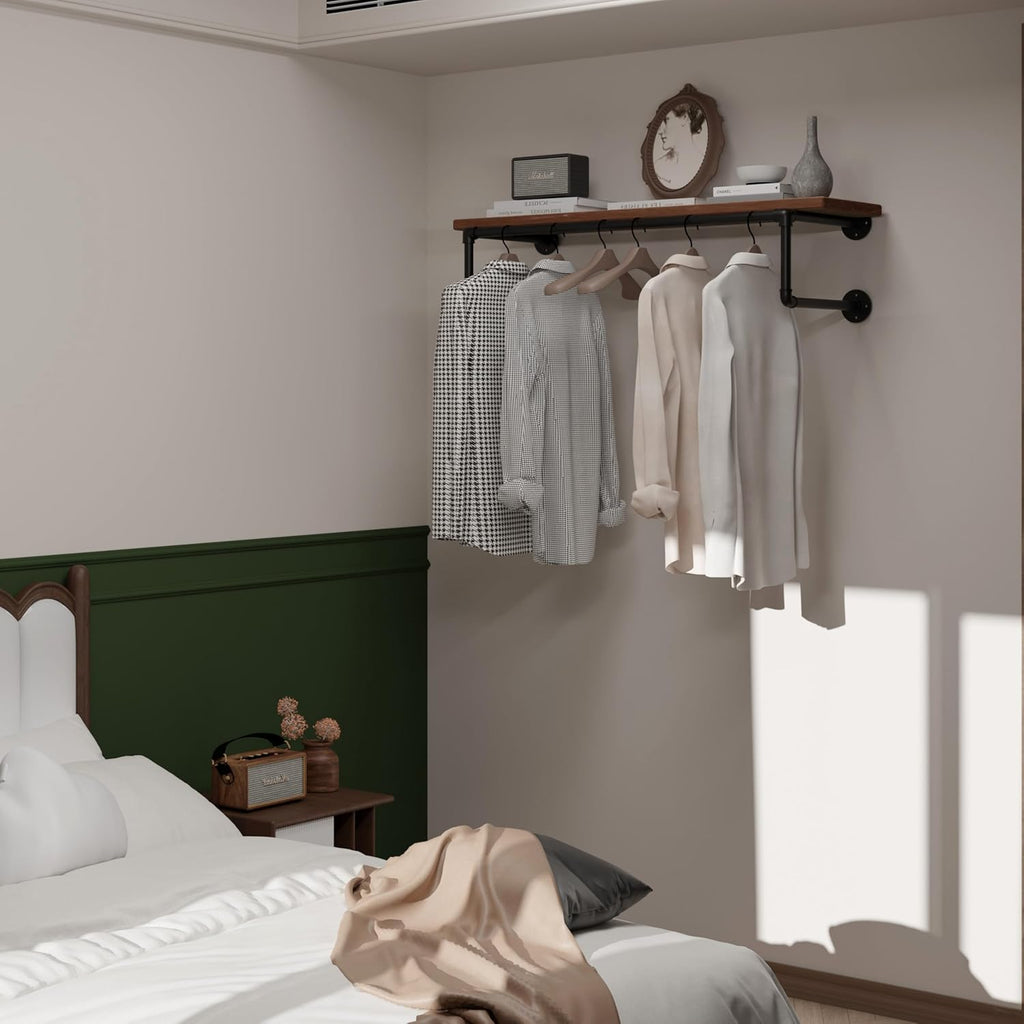 Clothes Rack 36in, Wall Mounted Garment Racks with Brown Real Wood Shelf, Heavy Duty Hanging Clothes Rack, Multi-Purpose Hanging Rod, Space-Saving Closet Storage