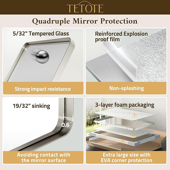 TETOTE Brushed Nickel Bathroom Mirror 30 x 30 Brushed Nickel Metal Framed Bat...