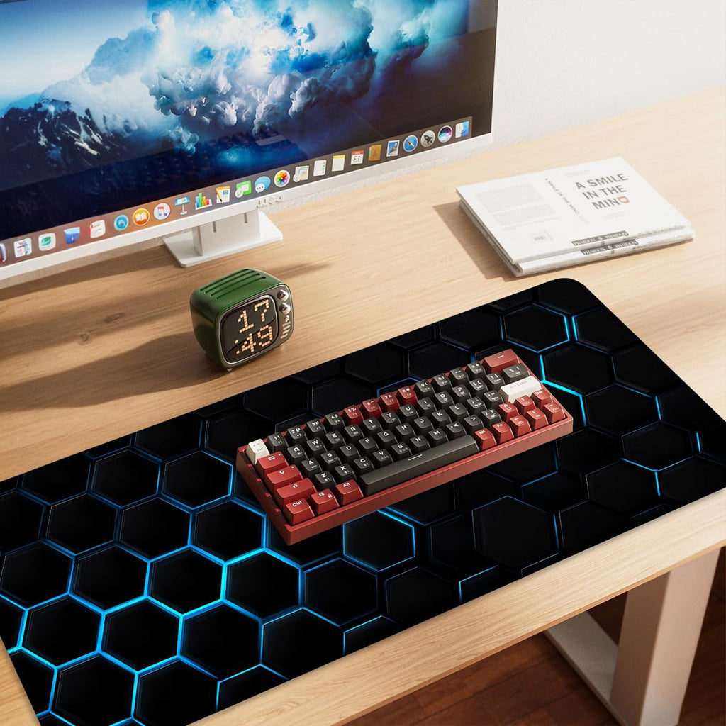 Gaming Mouse Pad – Large Extended Desk Mat35.43 x 15.75 in – Futuristic Black Honeycomb Design with Blue Glow, Non-Slip Base, Waterproof Surface, Keyboard & Mouse Pad for Gaming or Office