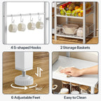 HOOBRO Large Bakers Rack with Power Outlets, 6-Tier Microwave Stand with 4 Hooks, Coffee Bar, Kitchen Shelf with Wire Basket, for Kitchen, Living Room, Office, White WW64UHB01