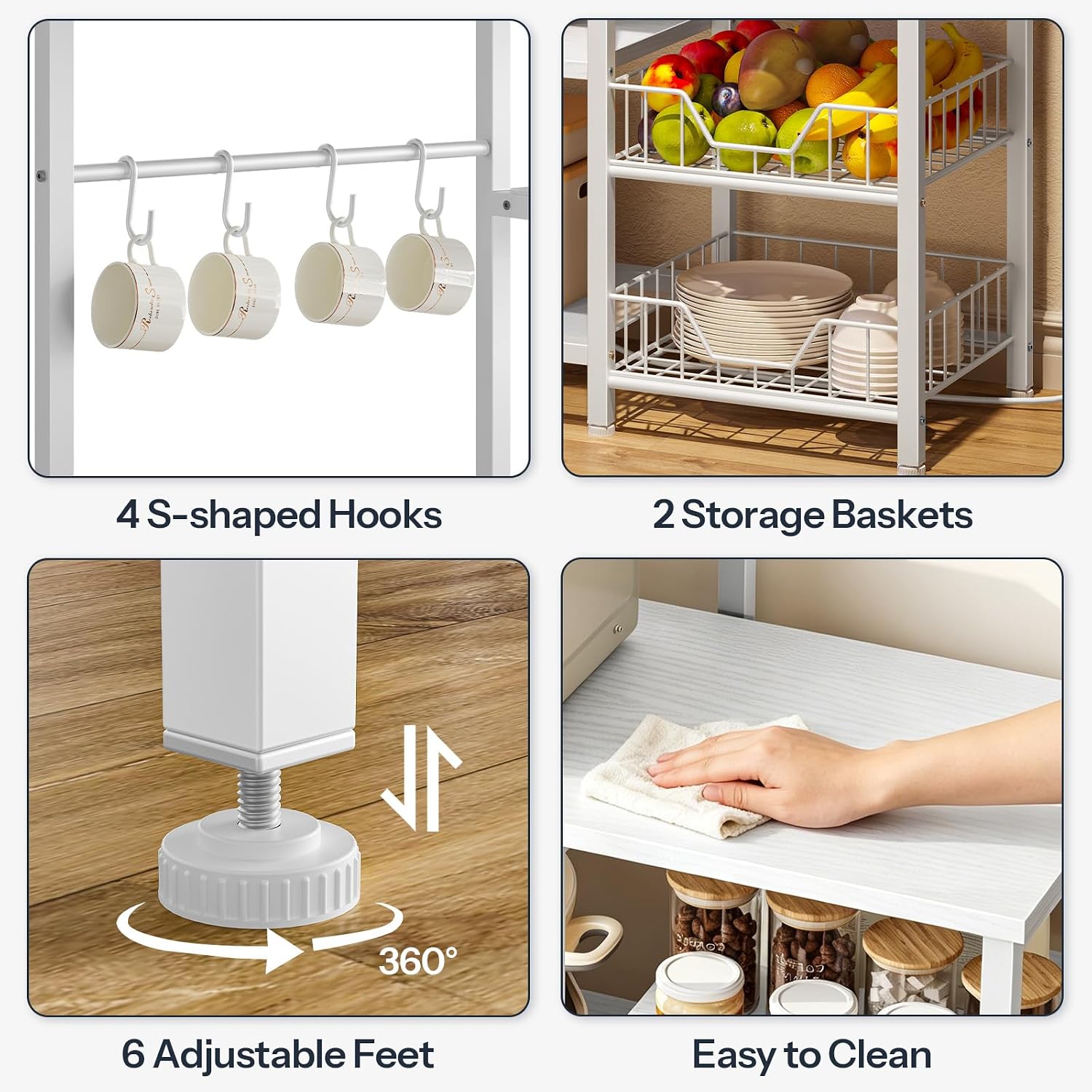HOOBRO Large Bakers Rack with Power Outlets, 6-Tier Microwave Stand with 4 Hooks, Coffee Bar, Kitchen Shelf with Wire Basket, for Kitchen, Living Room, Office, White WW64UHB01