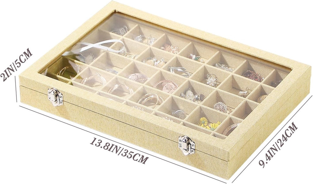 Coward Ring Earring Jewelry Organizer Box, 35 Grids Dustproof Display Holder Case, Yellow Linen Velvet Jewelry Bead Display Tray Case with Transparent Glass Lid for Momen Girls