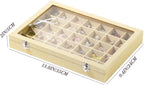 Coward Ring Earring Jewelry Organizer Box, 35 Grids Dustproof Display Holder Case, Yellow Linen Velvet Jewelry Bead Display Tray Case with Transparent Glass Lid for Momen Girls