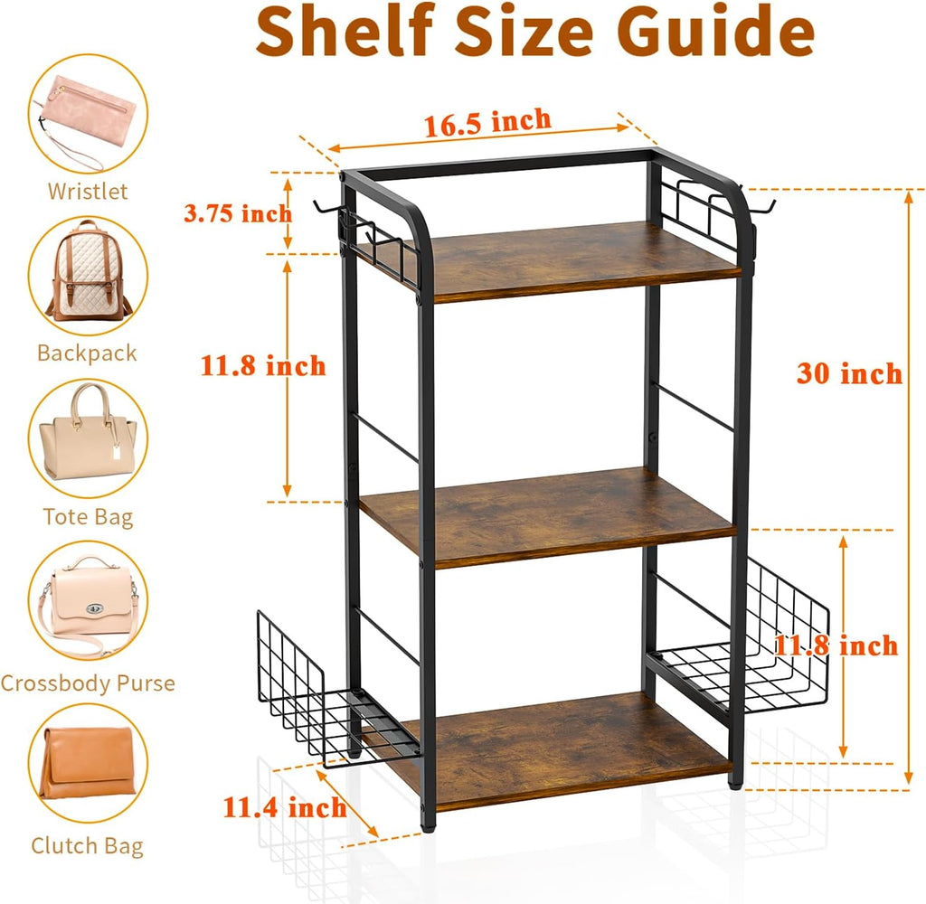 Iron & Wood Floor-Standing 3-Tier Purse Rack with Adjustable Feet, High-Capacity Bag Organizer for Closet, Patent Pending