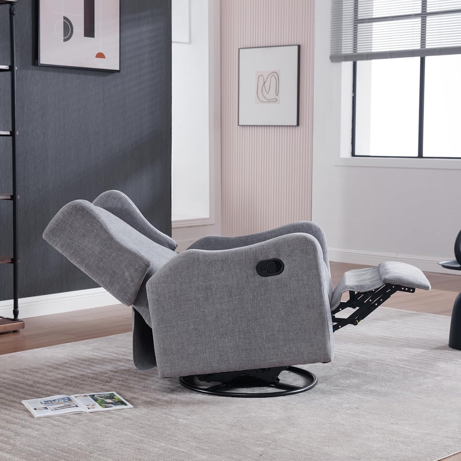 360° Swivel Glider Recliner, Soft Chenille Mid Century Modern Upholstered Ergonomic Rocker Comfy Wingback Accent with Curved Arm Sillas Reclining Chair Living Room Bedroom Lounge Reading Nursery Grey